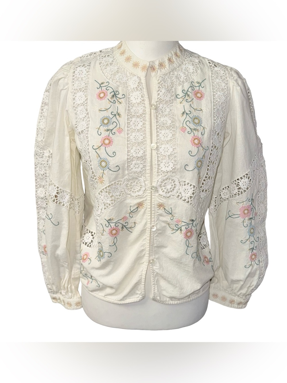 Sea Vesna Embroidered Blouse women’s Small cross stitch puff sleeve flawed